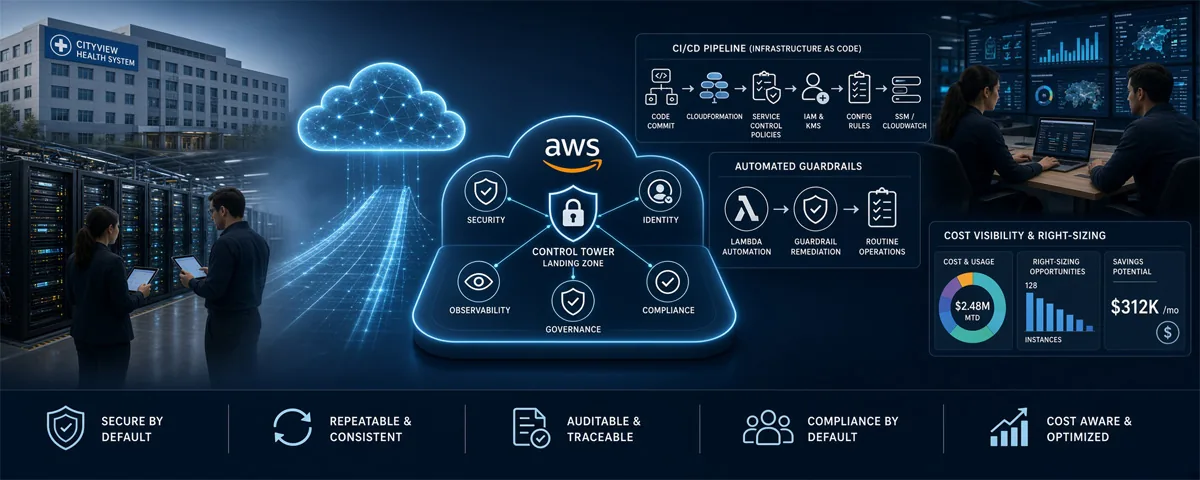 Enterprise AWS migration and landing zone — a healthcare system's on-prem data center feeding into an AWS Control Tower landing zone covering security, identity, observability, governance and compliance, alongside an infrastructure-as-code CI/CD pipeline, automated guardrail remediation, and a cost visibility and right-sizing dashboard.