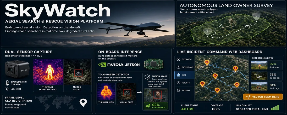 SkyWatch aerial search and rescue vision platform — a fixed-wing survey drone over forested ridgeline, with panels showing autonomous survey routing, dual-sensor thermal and 4K RGB capture, on-board NVIDIA Jetson inference, and a live incident-command dashboard with geo-located detections.