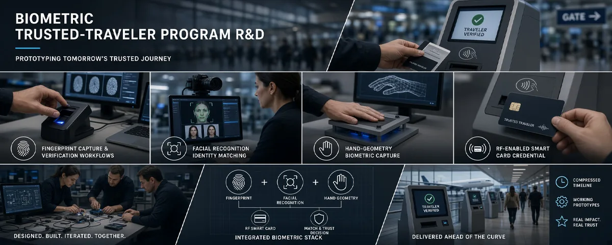 Biometric Trusted-Traveler Program R&D — a traveler tapping a smart-card credential at an airport gate kiosk reading Traveler Verified, with panels showing fingerprint capture and verification workflows, facial recognition identity matching, hand-geometry biometric capture, an RF-enabled smart-card credential, and the integrated stack combining all four into a match-and-trust decision.